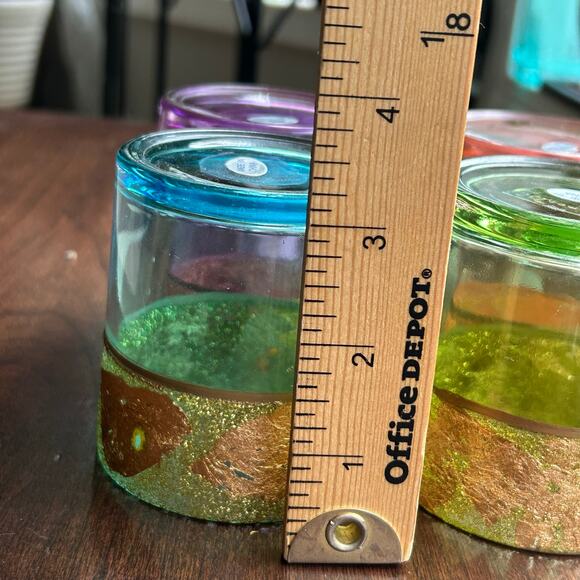 Set of 4 Colored Glass Boho Votive Holders  w/ Gold Foil Band elements - Picture 10 of 11